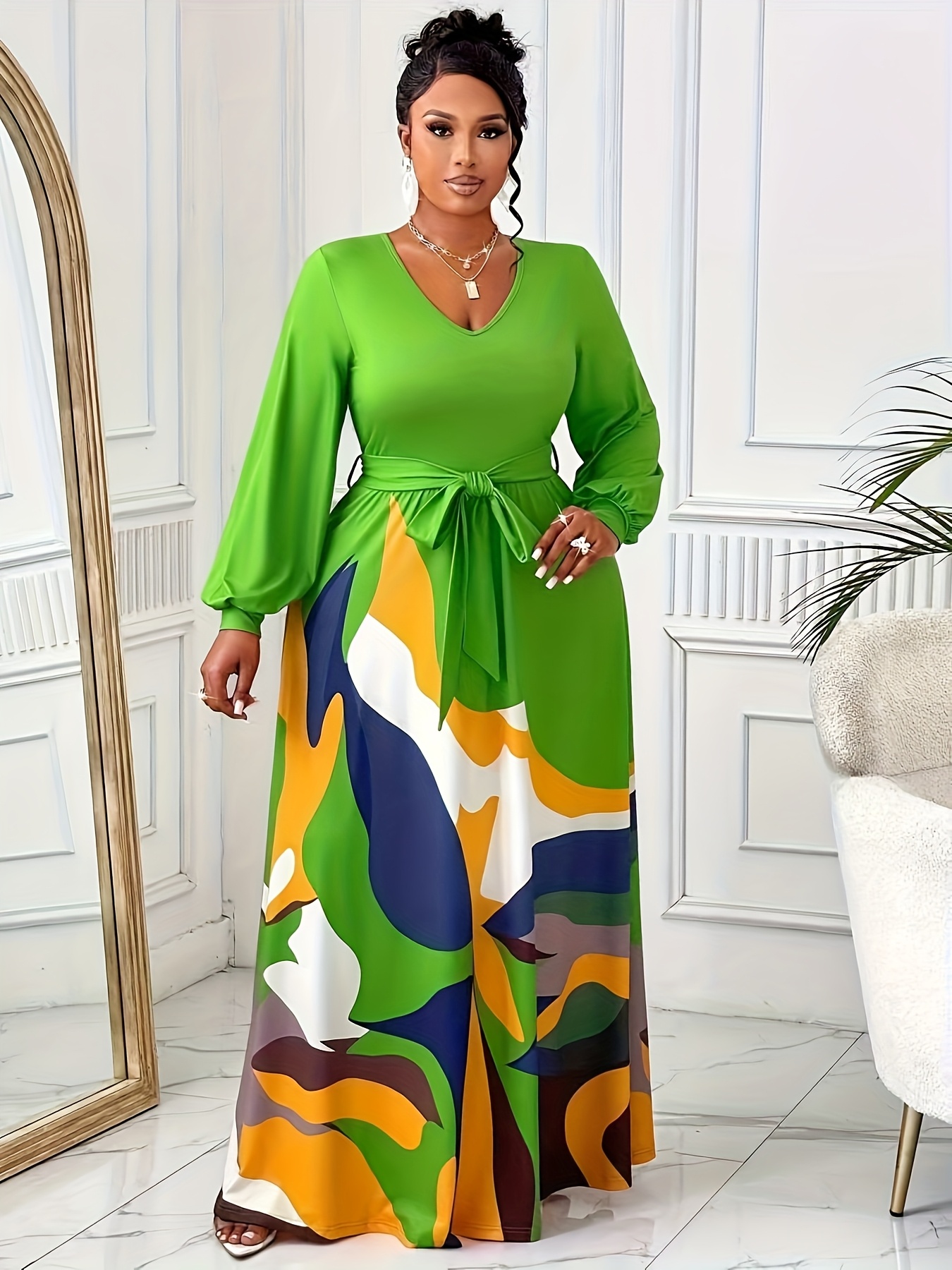 Artikelbild plus size - plus size - westlicher stil bedruckter gürtel plus size langarmkleid llm001