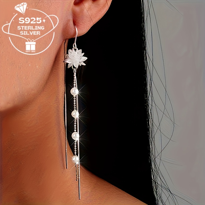 925 Silver Long Ice Flower Freshwater Earrings