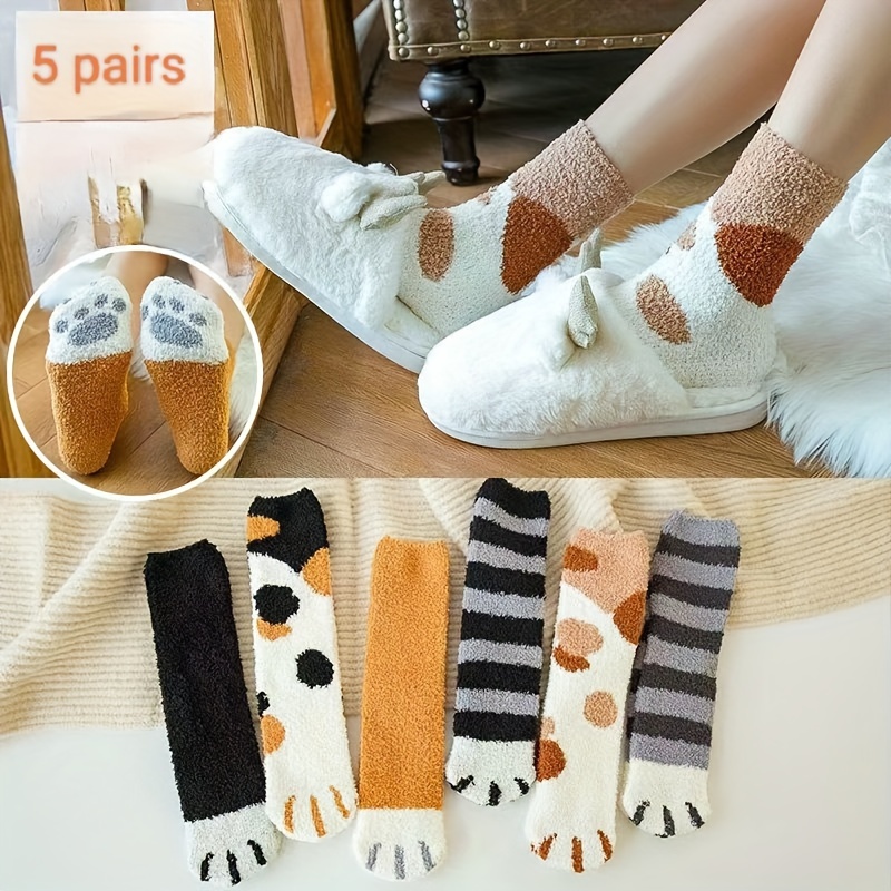 

5 Paires de Chaussettes de Pattes de Chat en pour Femmes - Laver à ou Nettoyer à Sec, Mélange de Polyester et de Spandex, Joli Motif Cartoon, Chaleur Hivernale, Tissu Tricoté