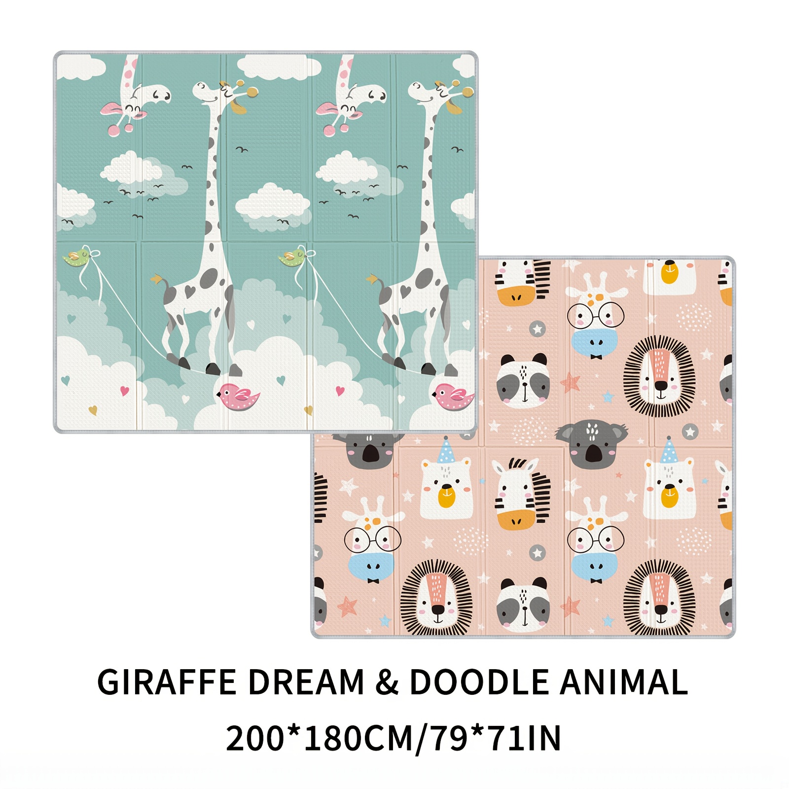 Extra Large Double-Sided Baby Play Mat with Giraffe & Animal Print