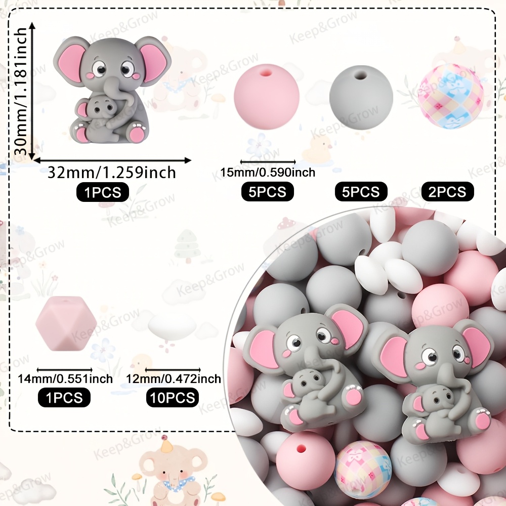 TEMU 24 piezas de cuentas de elefante para de la - cuentas focales de silicona con forma de elefante, adecuadas para hacer joyas, manualidades DIY,