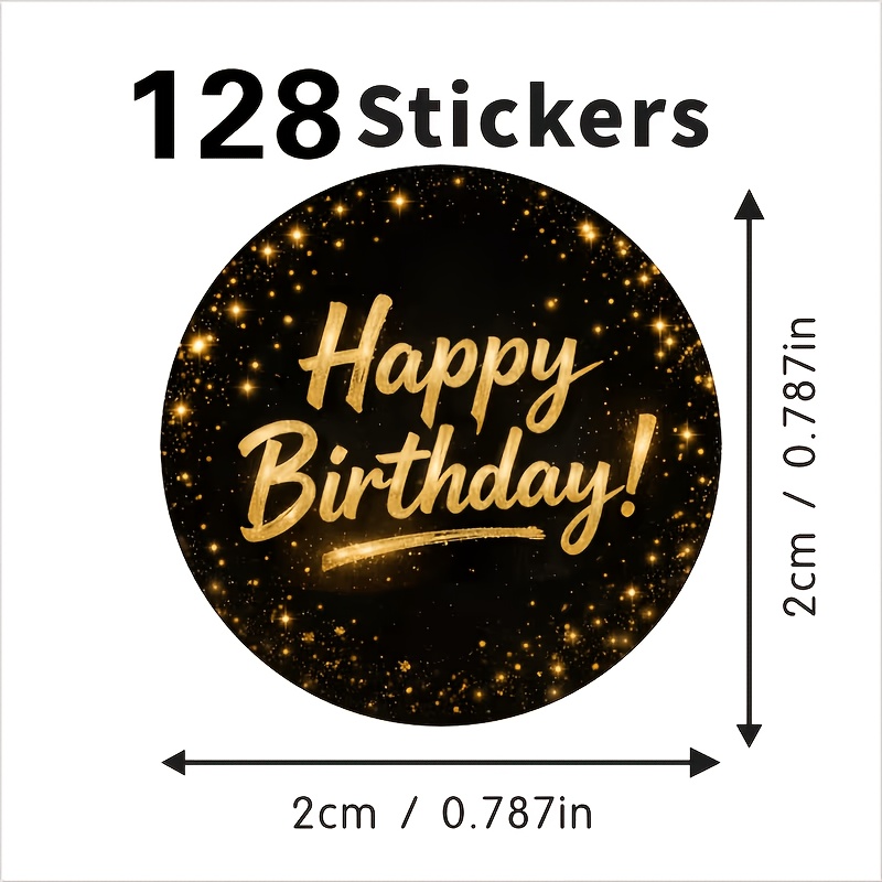 128 Golden Happy Birthday Stickers, Suitable For Party Favors, Decorations, And Gift Wrapping—small Candy Label Paper With Dark Background, Elegant Birthday Party Decor