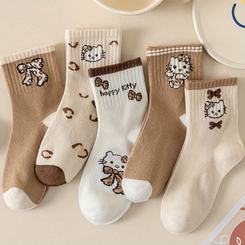 

5 Pairs Of Sanrio Hello Kitty Socks Autumn And Winter Coffee Color Simple Cute Cartoon Fashion Youth Socks