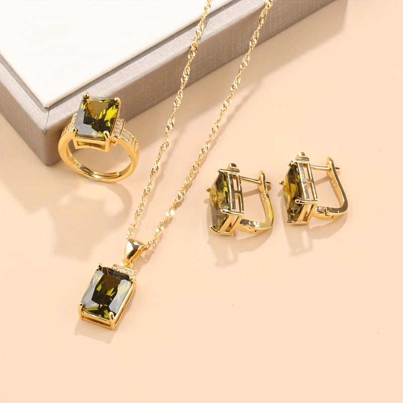 vintage 18k golden plated jewelry set 4 piece   square wedding bridal earrings necklace pendant and ring set for women synthetic zirconia copper no power required ideal for   and   details 1