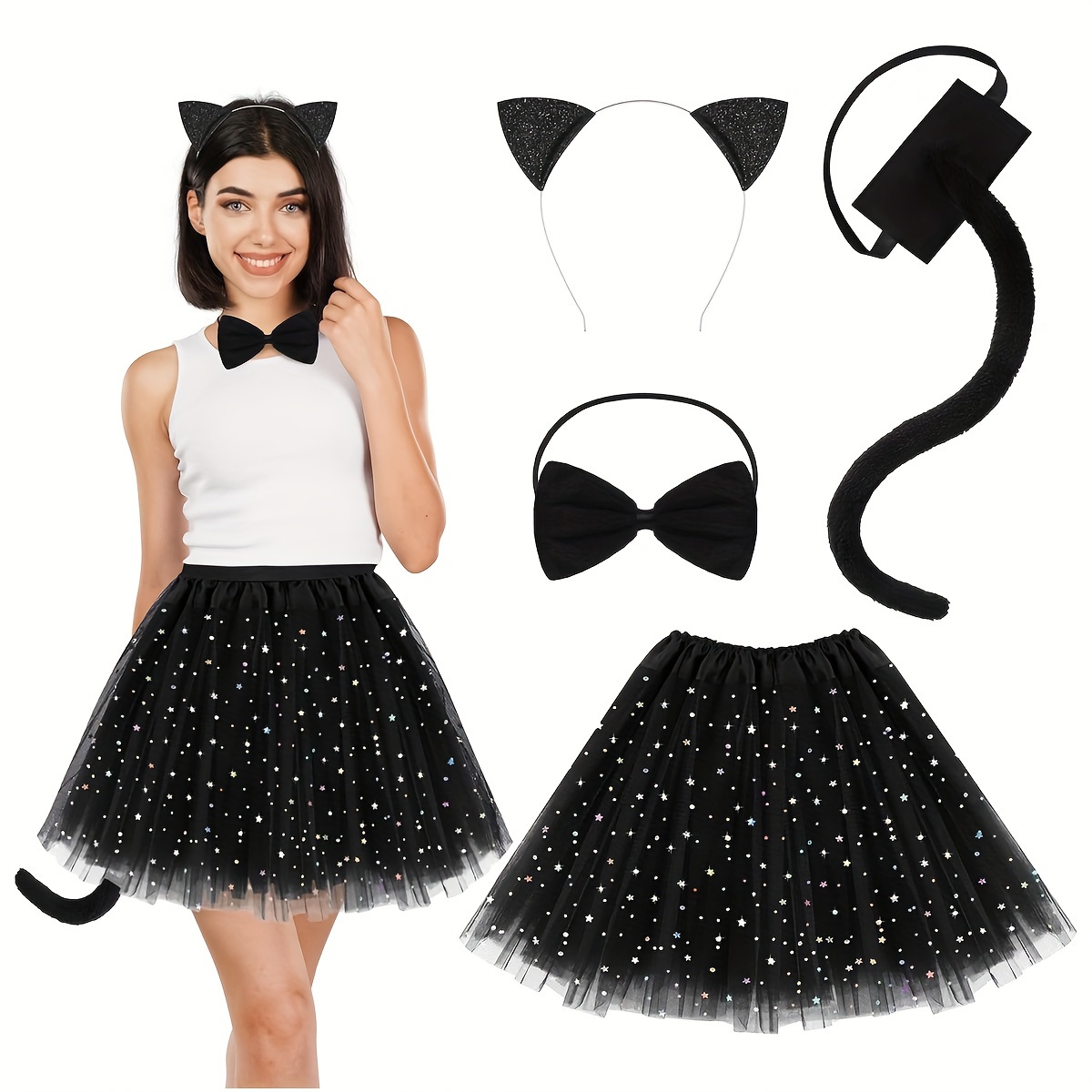 

4pcs Women' Cat Costume Set Black Cat Cosplay Costume Cat Ears Headband + Bow Tie + Short Skirt + Tail Halloween Party Costume Props