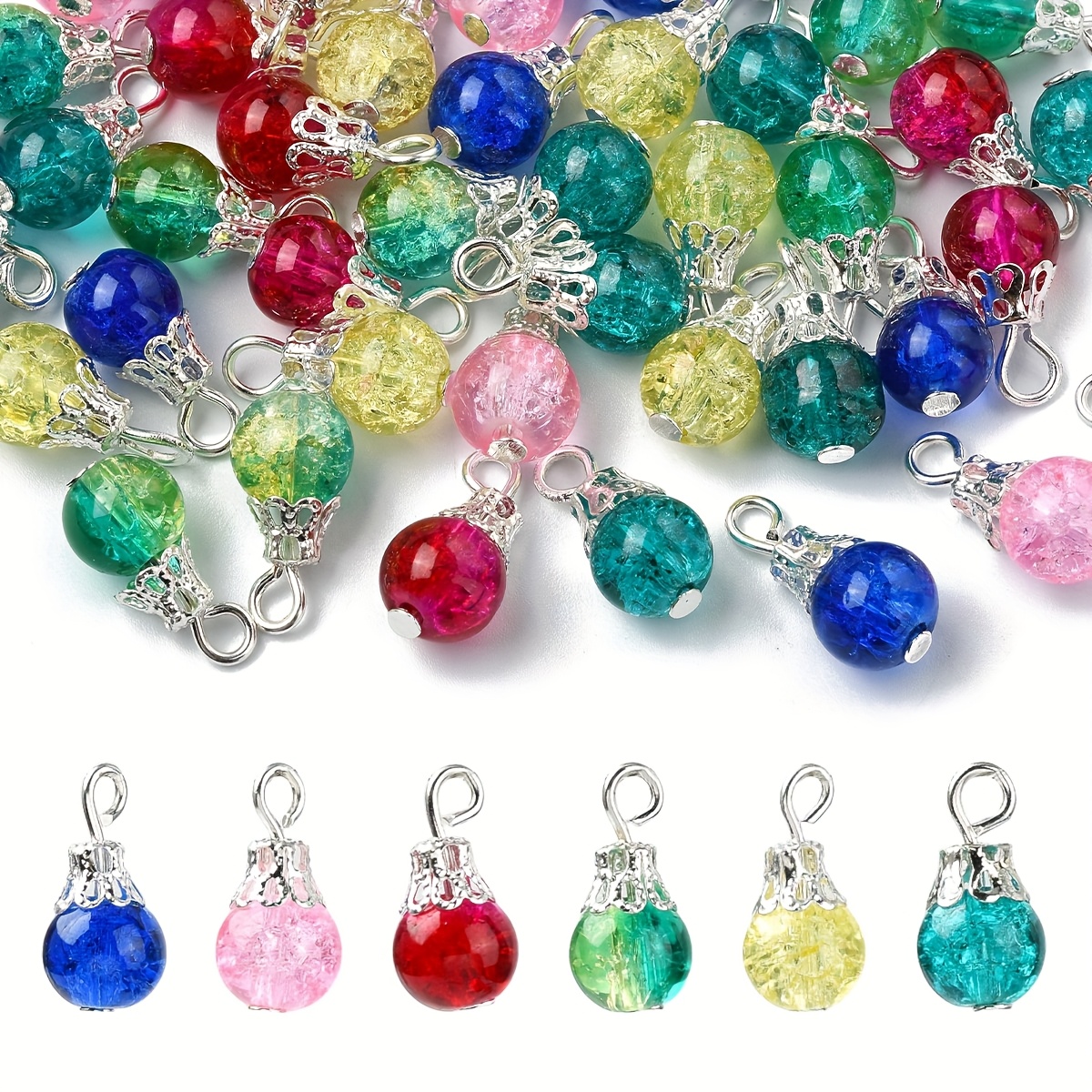 TEMU 48 Pendentifs de perles en verre craquelé six couleurs pour ajouts de bijoux, adaptés à la fabrication de bracelets, de et de boucles d'oreilles