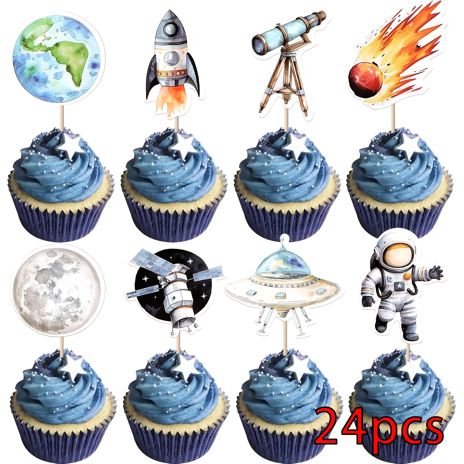 Image of 24pcs Space Cupcake Toppers Meteorite Planet Astronaut Cupcake Picks Rocket Telescope The Moon Cake Decorations For Outer Shower Astronaut Birthday Party Supplies