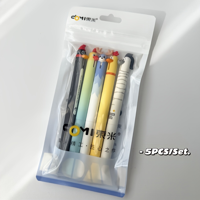 E-shop Set mit 5 niedlichen Gelstiften im Haustier-Design, 0,5 mm schnelltrocknende schwarze Tinte, kreative Schreibstifte mit Hirsch, Pinguin, Küken,