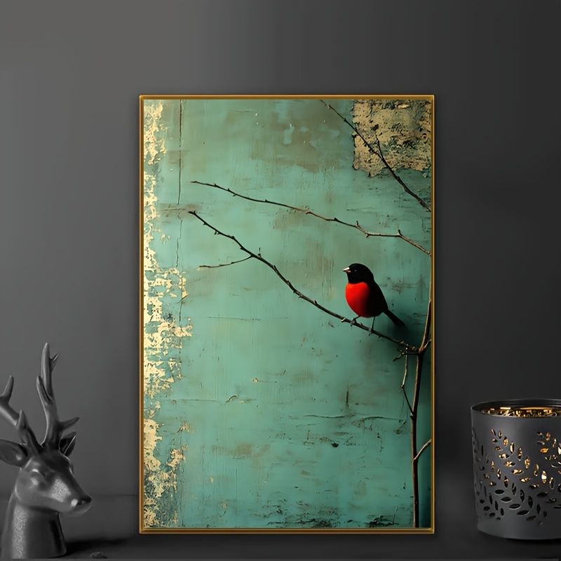 TEMU 2d Flat, 2d Flat, 2d Flat Canvas Print 1pc Flat, Frameless Canvas Poster - Red Bird On Branch Pattern, Textured Teal Background, Modern Retro