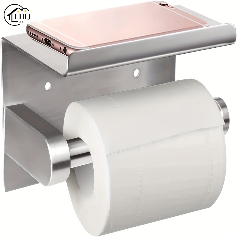 

1pc Ldq Stainless Steel Self-adhesive Toilet Paper Holder With Phone Shelf - Wall-mounted, Space-saving, Easy-to-install, & Rust-resistant, Ideal For Bathroom And Style, Bathroom Storage