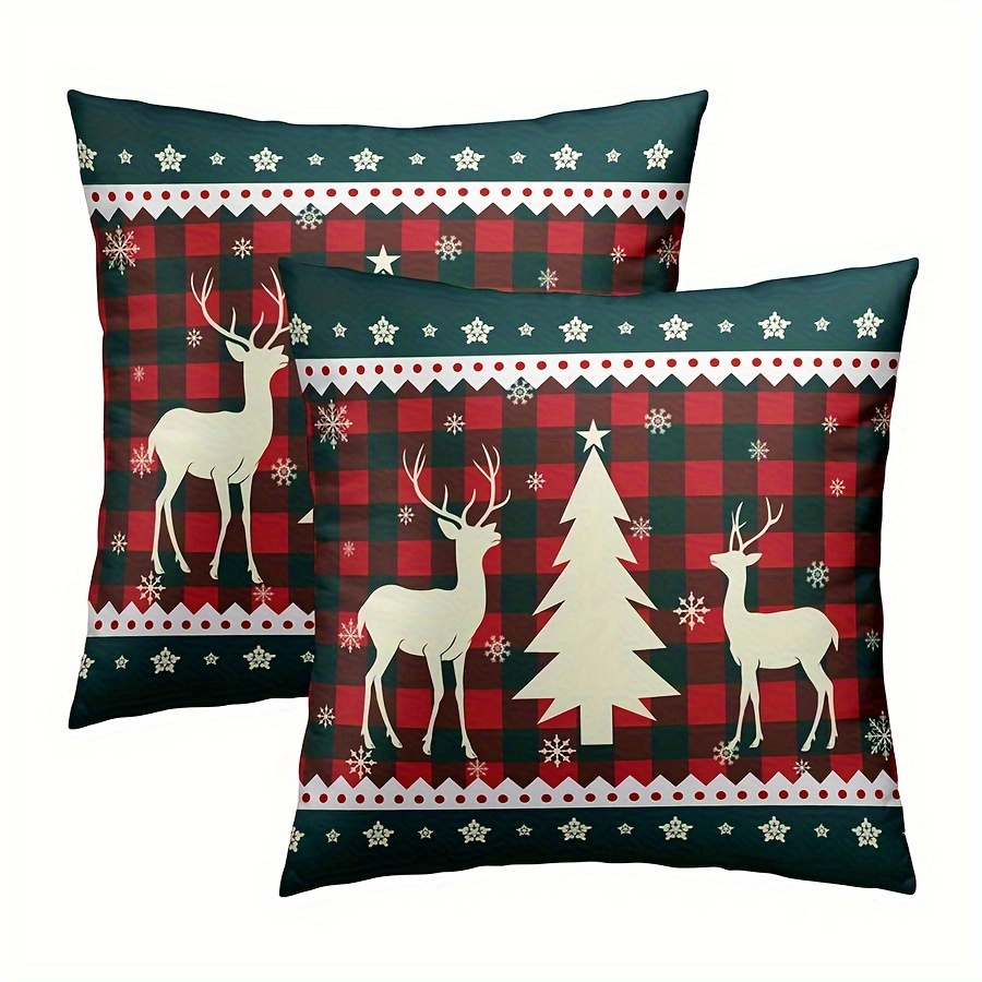 

2pcs Set Christmas Pillowcases - Red & Green With Elk And Design, Farmhouse Style Cushion Covers For Sofa And Bedroom Decor, Machine Washable, Zip Closure - 16x16, 18x18, 20x20 Inches