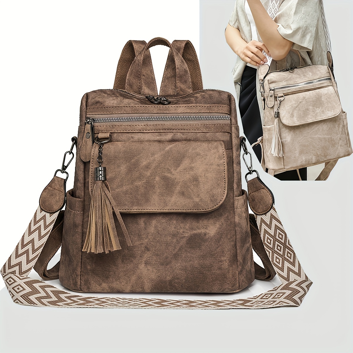 

1pc Stylish Women's Backpack - Waterproof, Multifunctional With Tassel Detail, Adjustable Straps, Light Brown & Beige Options, Casual , Backpack For Travel