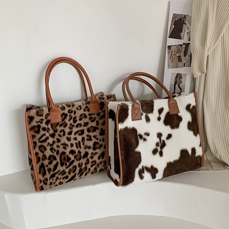 

2025 Trendy Leopard & Cow Print Plush Canvas Tote - Vintage-inspired, Large Capacity Shoulder Bag With Fur Detail, For Travel & Use, Men's, Artificial Fur, Outdoor, Casual Use, Student Square Bag