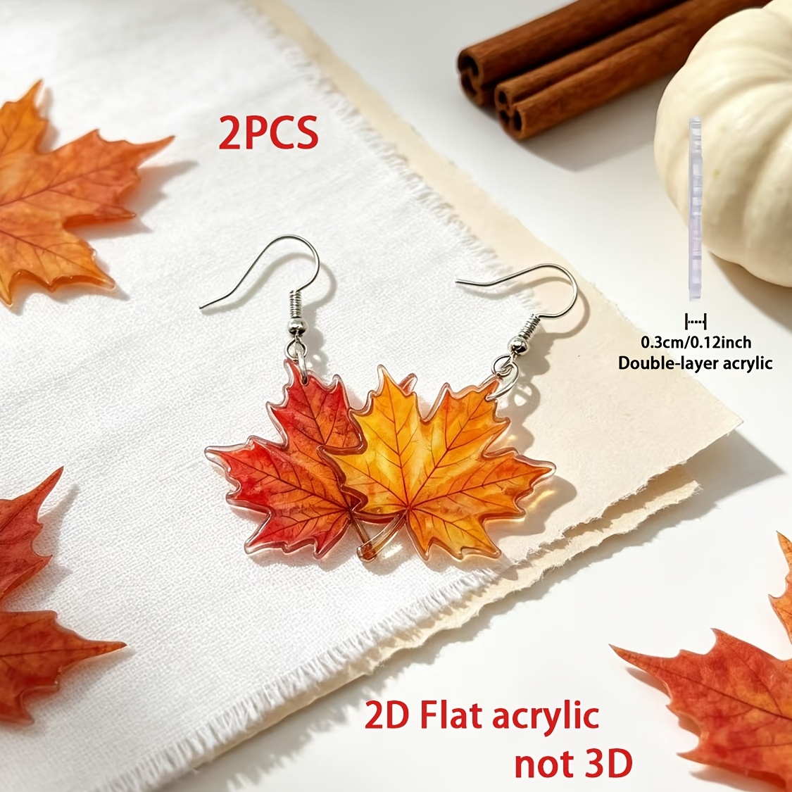 TEMU Plat 2D, 2 pièces/lot Boucles d'oreilles pendantes pour femme à motif de feuille d'érable d'automne - Feuille d'érable avec feuille en acrylique