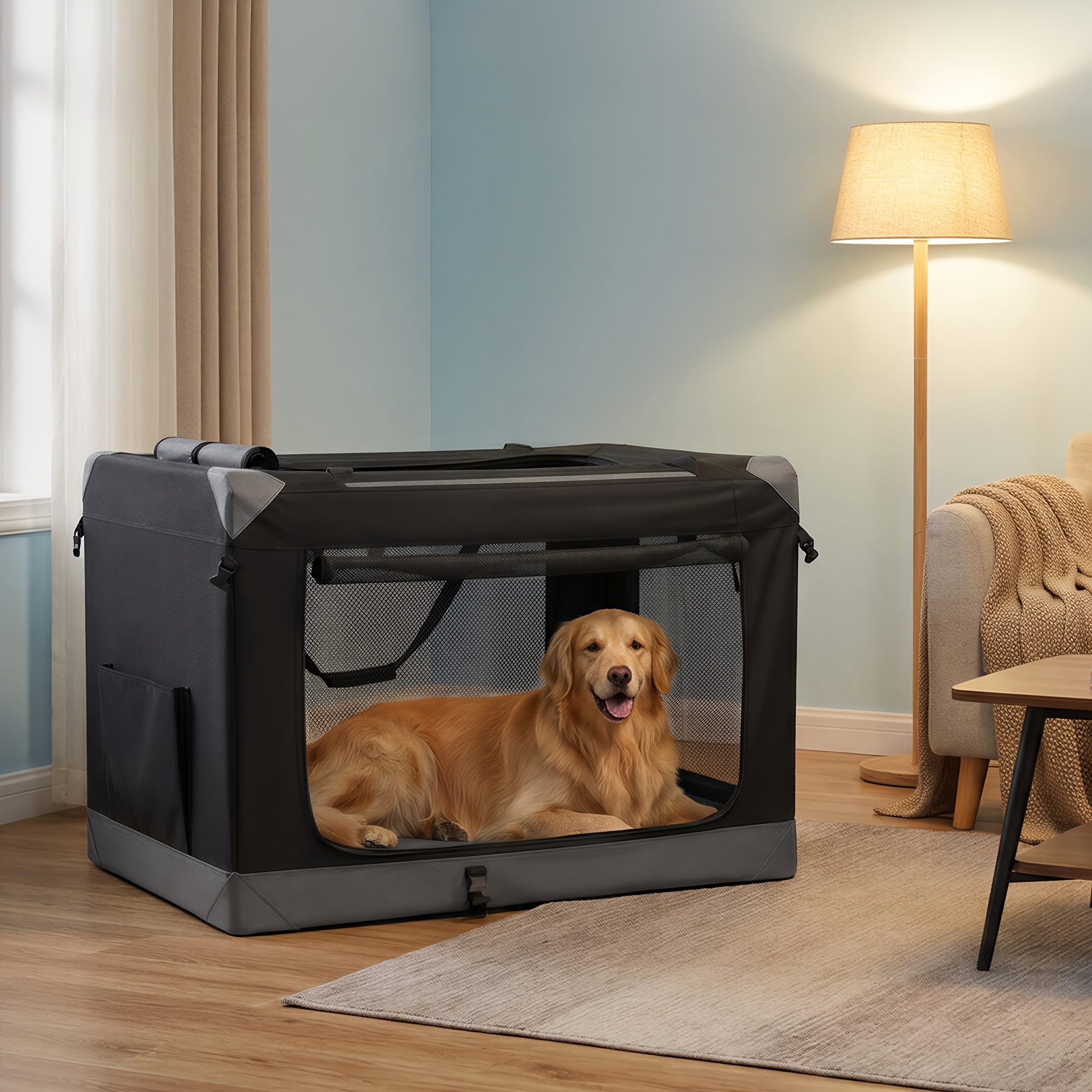 Image of Dog Crate Foldable, Portable, Oxford Fabric, , With Handles And Side Pocket, For Travel, Black