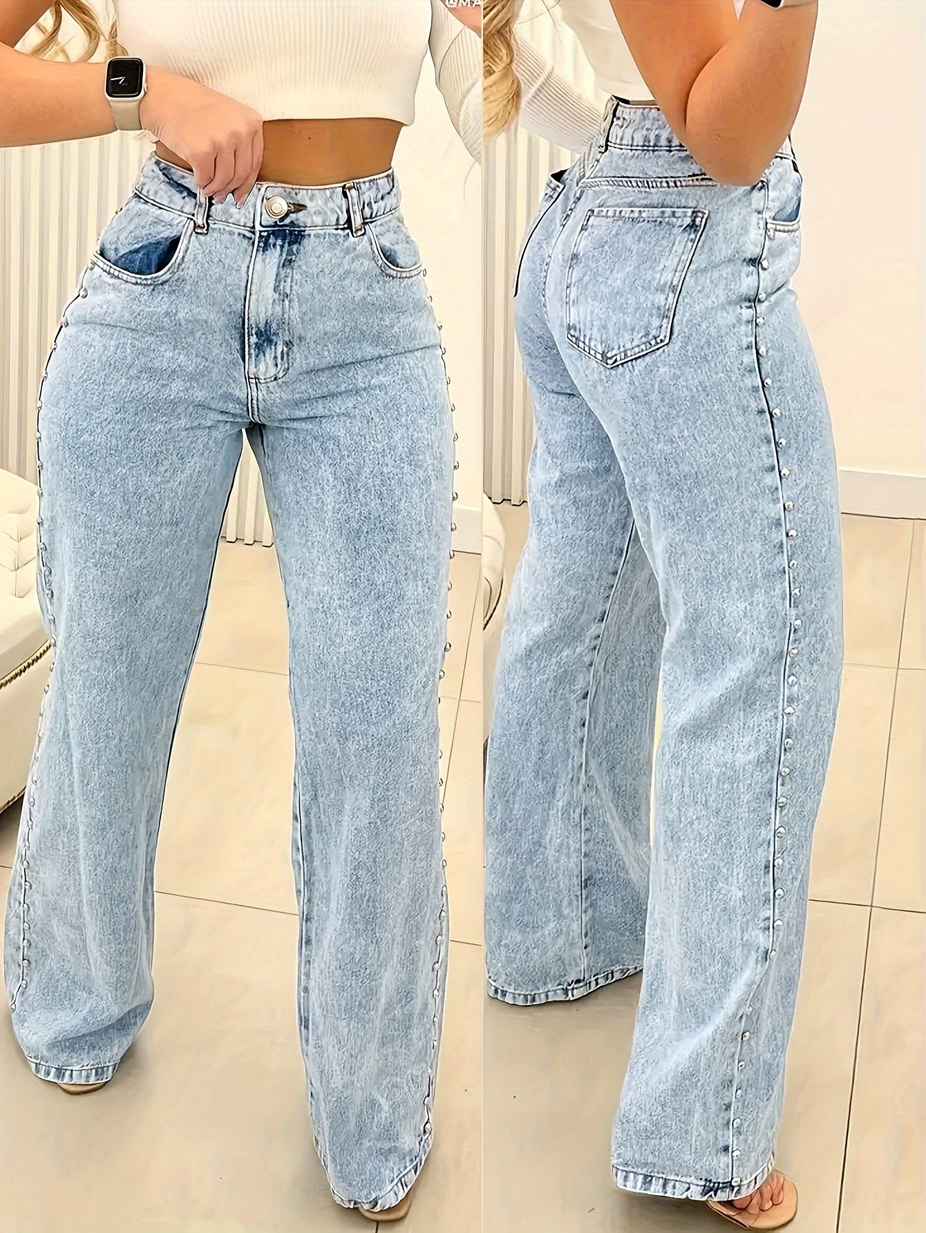 Double Button High Rise Mom Jeans, Light Washed Blue Slash Pocket Casual  Plain Straight Leg Denim Pants, Versatile Pants For Every Day, Women's Denim