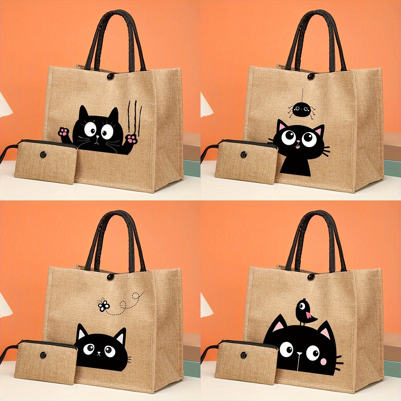 

2pcs Cartoon Cat Print Burlap Tote Bags With Matching Coin Purses, Large Capacity Durable Shoulder Bags For Outdoor Activities And Travel