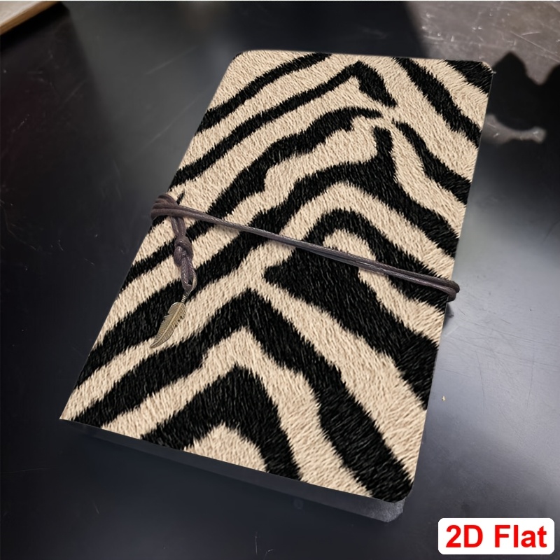TEMU A6 Handmade 2d-flat Printed Notebook With Metal Loose - Leaf, 160 Pages, Vintage Tether & Metal Pendant, Office With 2d Flat Zebra - Patterned