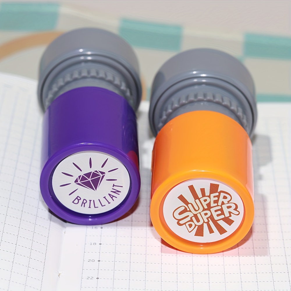 Image of Automatic Ink Refill Colorful 2pcs Set Suitable For Teachers At Home To Grade Assignments, Featuring Reward Stamps, Cartoon Stamps, And Fun Stamps For Praise And Encouragement