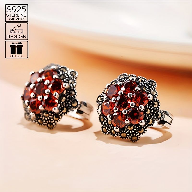 

925 Sterling Silvery Vintage Garnet Earrings With Black Decorative Stone, Hypoallergenic Ear Sticks, High Quality Jewelry Gift