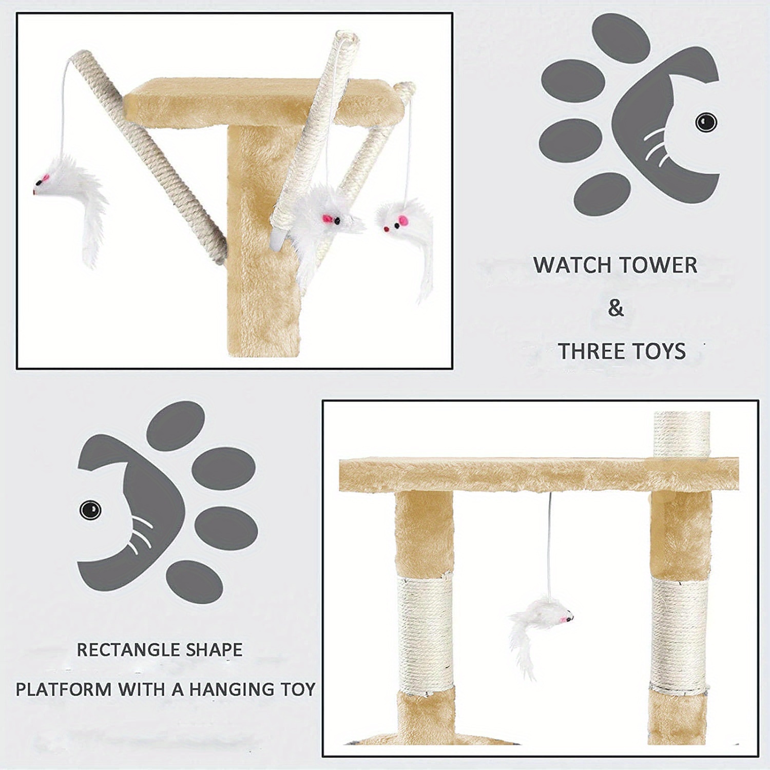 Turn pentru pisici de 140 cm înălțime, cu mai multe niveluri, stâlpi de zgâriat din sisal, cadru mare de cățărat, scară, hamac și casă - Mobilier robust pentru interior, pentru pisoi și pisici, turn alb/maro pentru cățărat, odihnă și joacă