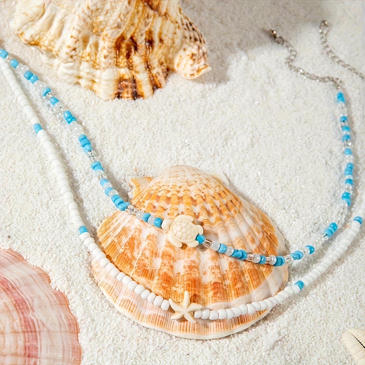 2pcs Boho Beaded Necklace Set with Turtle & Starfish Pendants