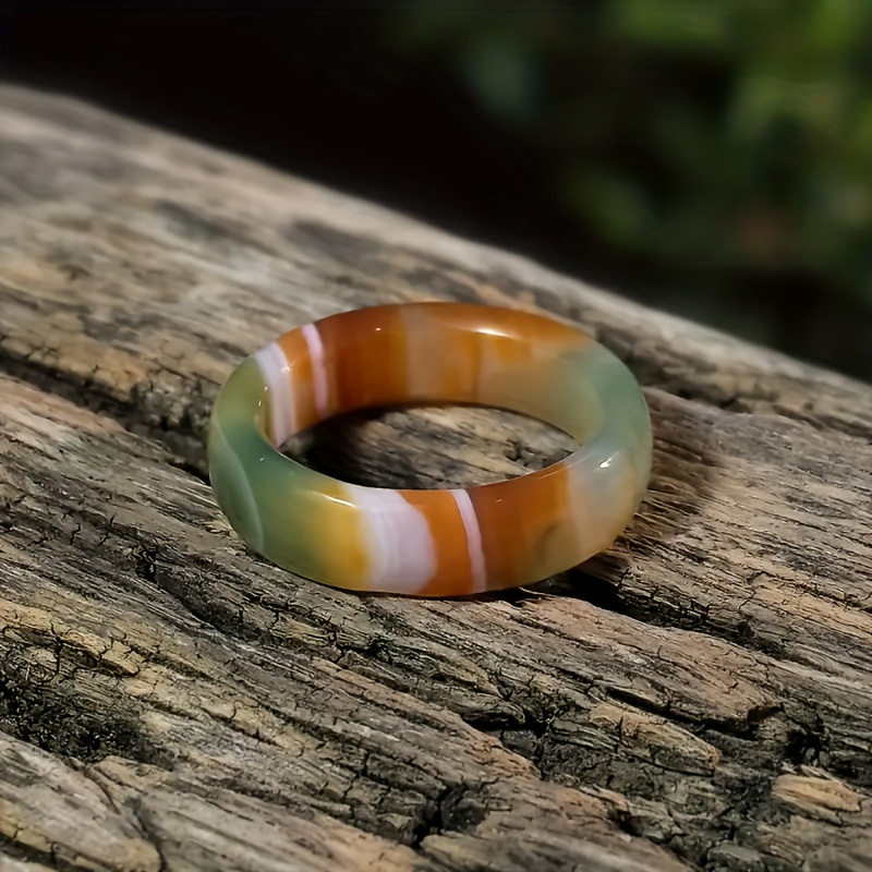 Natural Agate Ring with Marble Green & Orange-Brown Gemstones