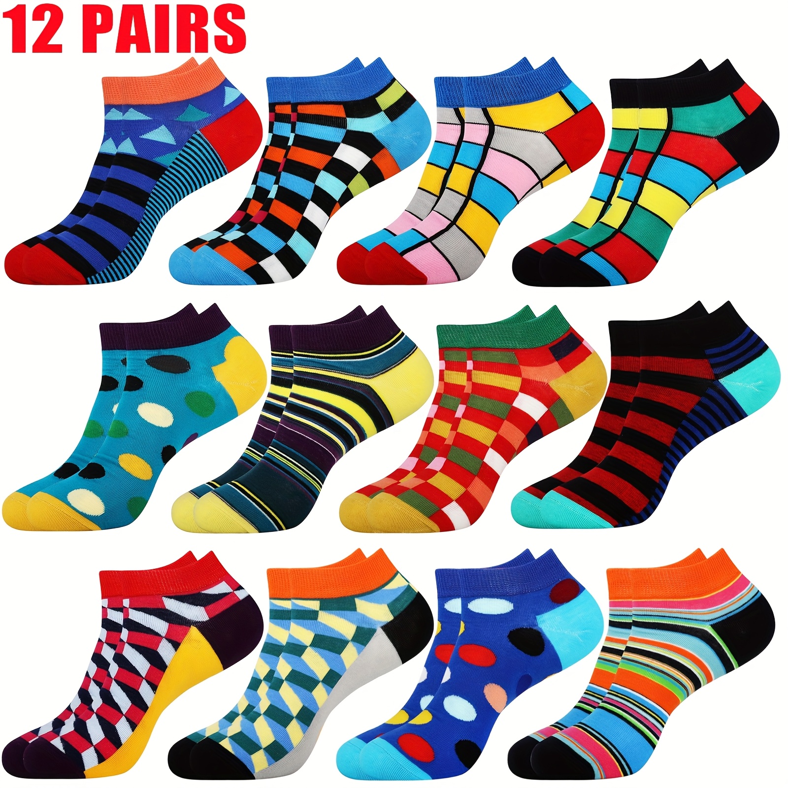 E-shop 12 Paar Herren Geometrische Trendy Bootssocken, Lustige Low-Cut Socken für Männer, Interessante Geschenke für Männer, Unsichtbare Herrensocken,