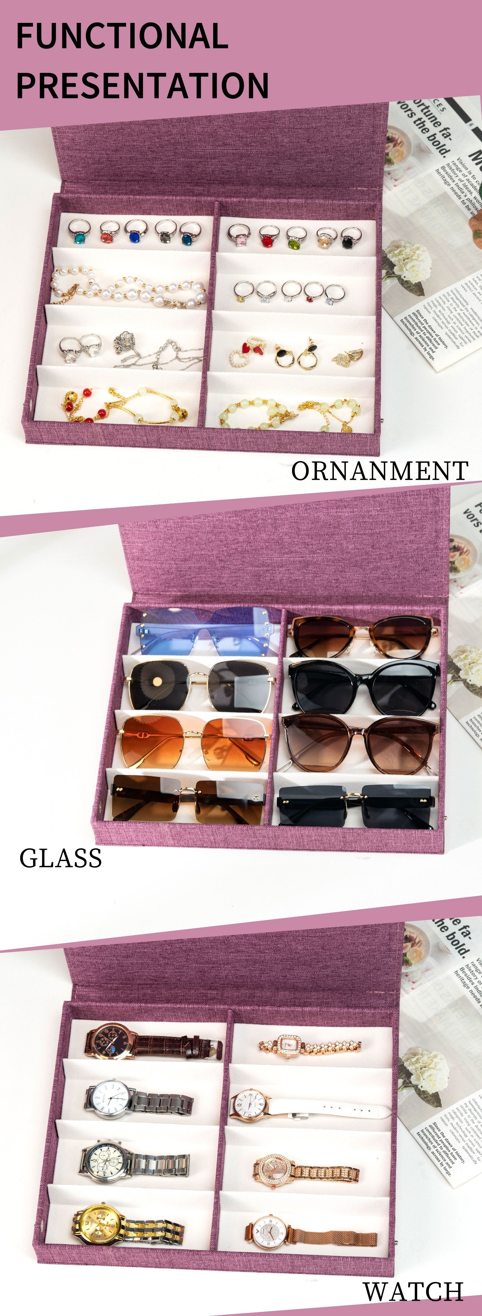 compact chic 8 compartment organizer for glasses jewelry watches versatile double row storage box with knit design details 9