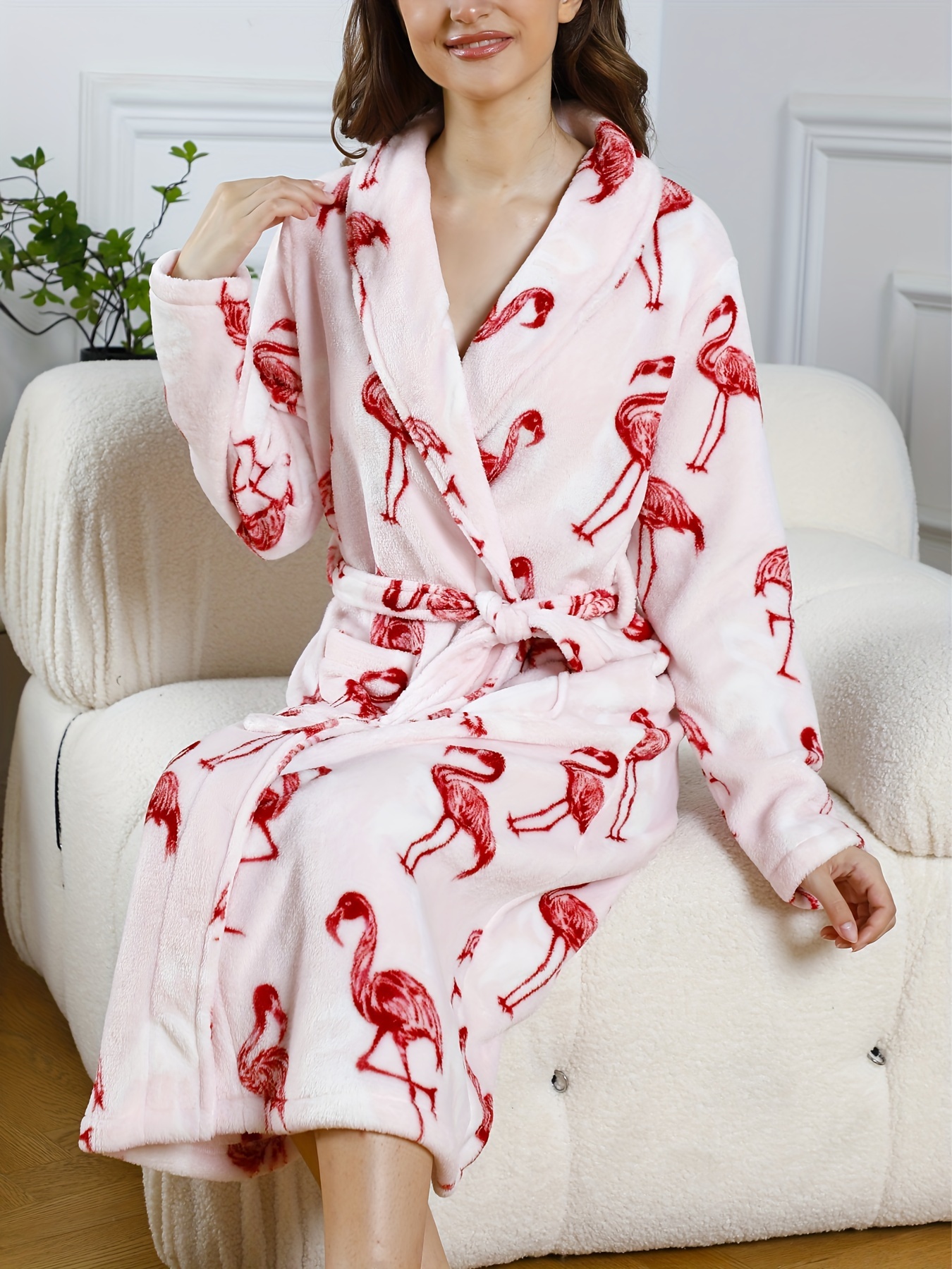 womens plush flamingo print robe thick fleece lined v neck Temu Peru