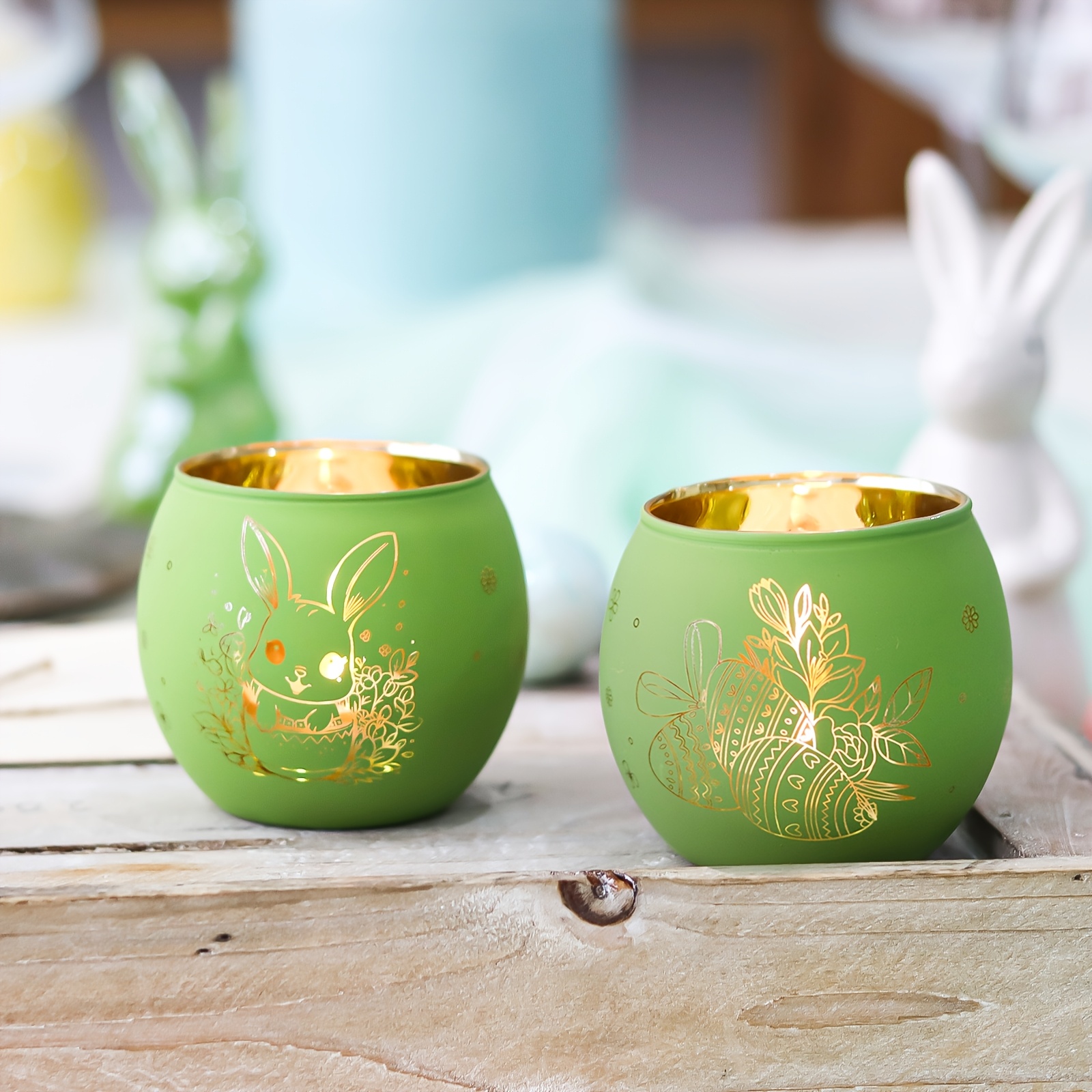 & Light Candle Holder Set, 2pcs Easter Cartoon Rabbit Glass Tealight Holders, Mint Table Decor For Easter Celebration, Cute Home Dining Centerpiece Gift Idea, Holiday Decor, Seasonal Decor