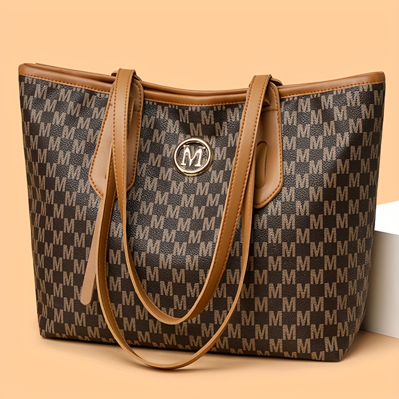 Image of Women's Fashion Retro Classic Old Flower Tote Bag Pattern With Color Block Letter Large Capacity Shoulder Bag Chain Shoulder Strap Bag Type Versatile Elegant Handbag For Daily Life, And Travel