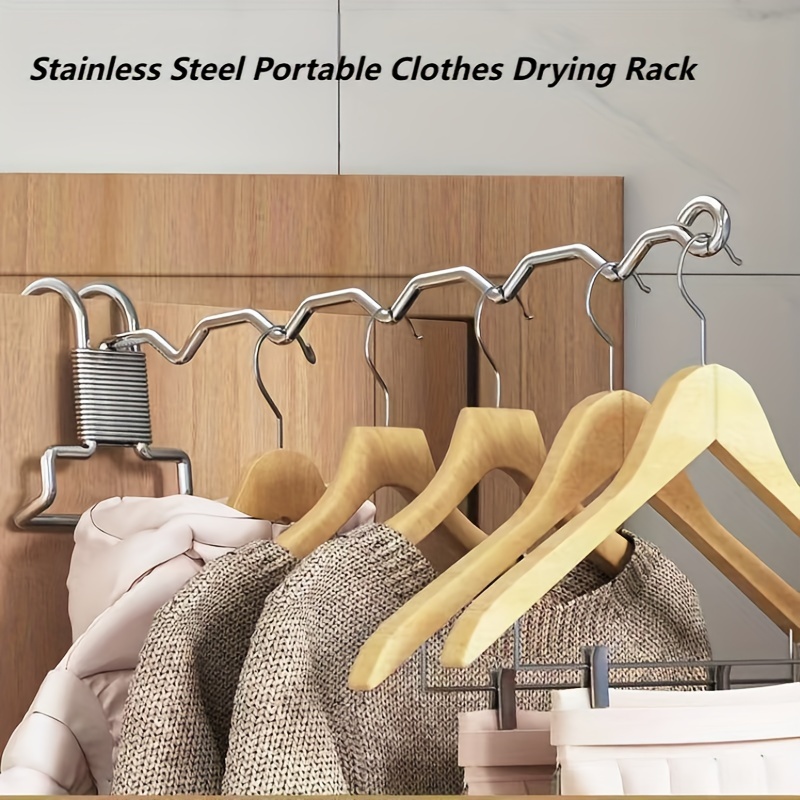 

Stainless Steel Drying Rack With 5 Removable Hooks - Space Saving Freestanding Clothes Hanger For Bedroom, Bathroom, Office, Closet, Portable For Travel, Hotel, Dorm, Retail Display