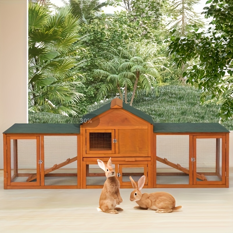 82.5" Large Wooden Rabbit Hutch - Outdoor/Indoor Bunny Cage With Cleaning Tray & Waterproof Roof