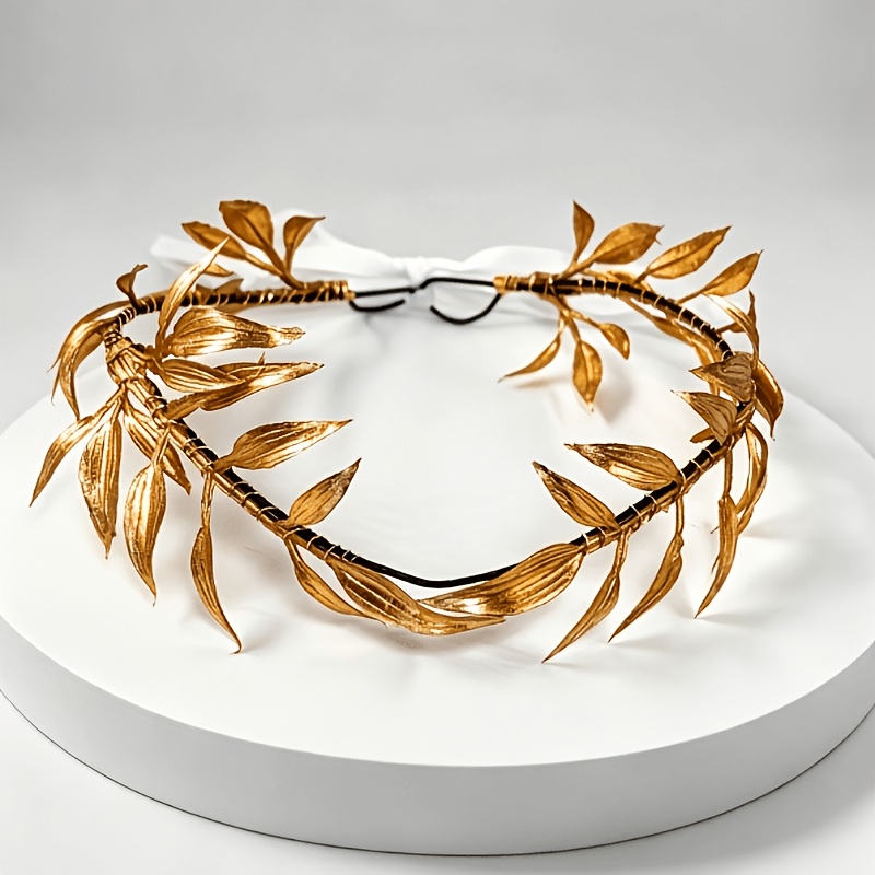 TEMU Couronne de cheveux dorée "Goddesses Grecques" avec feuilles, couronne de mariée vintage, accessoire de cheveux en ruban pour photo style forêt,
