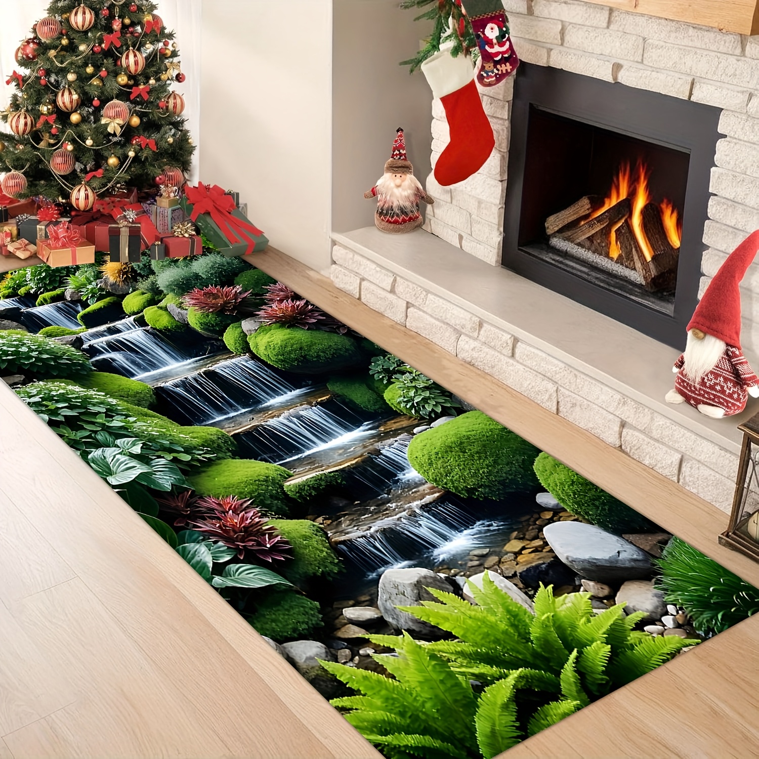 TEMU 1pc Cloud Ladder Waterfall, Green Plant Shrub Print Non-slip Machine Washable Hallway Runner Rug Flannel Mat For Living Room Bedroom Entryway
