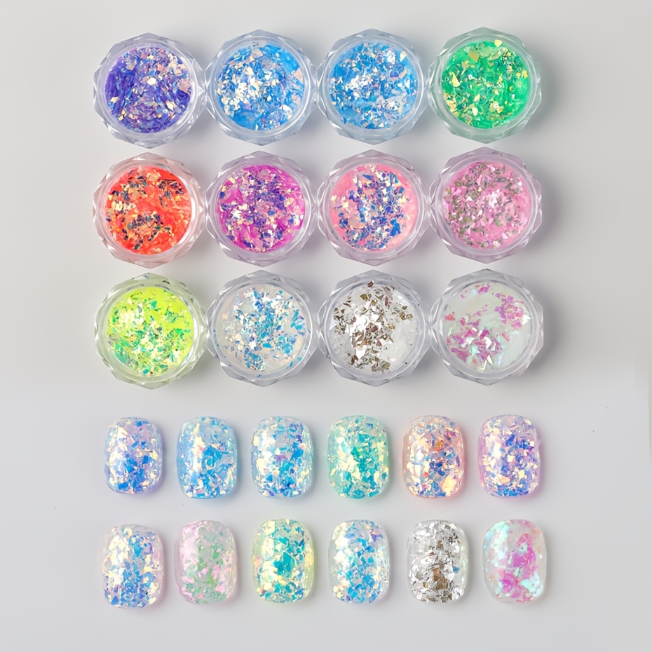 Image of 12 Boxes/set Irregular For Nail Aurora Iridescent Sequin Holographic Ultra-thin Laser Sparkly Foil Paper Mixed Size For Nail Decoration For Nail