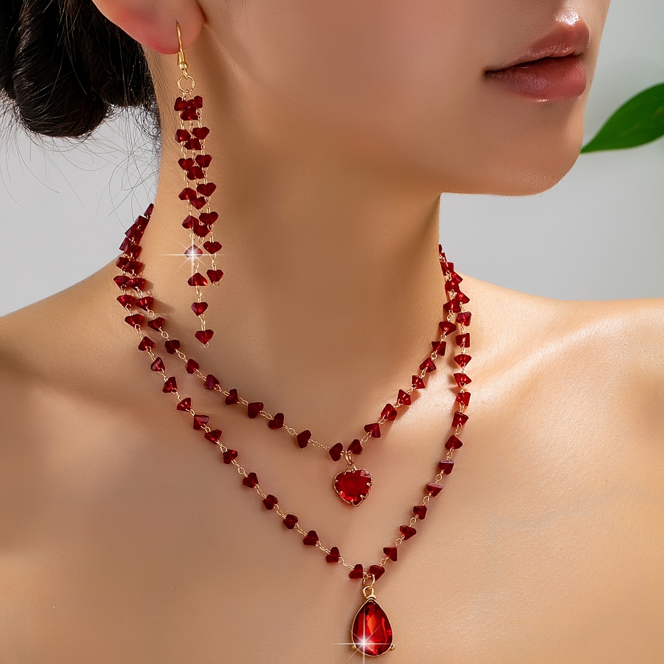 TEMU Ensemble 3 pièces élégant et de collier avec pendentif et boucles d'oreilles en perles rouges acryliques, convient pour , les fêtes, et les des