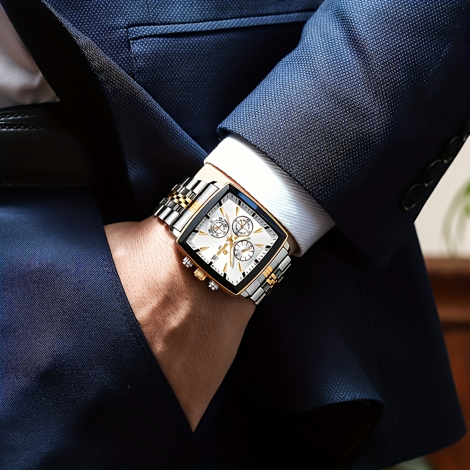 luxury golden and white rectangular mens watches featuring a calculator and stopwatch multifunctional quartz wristwatches with luminous hands   business 9