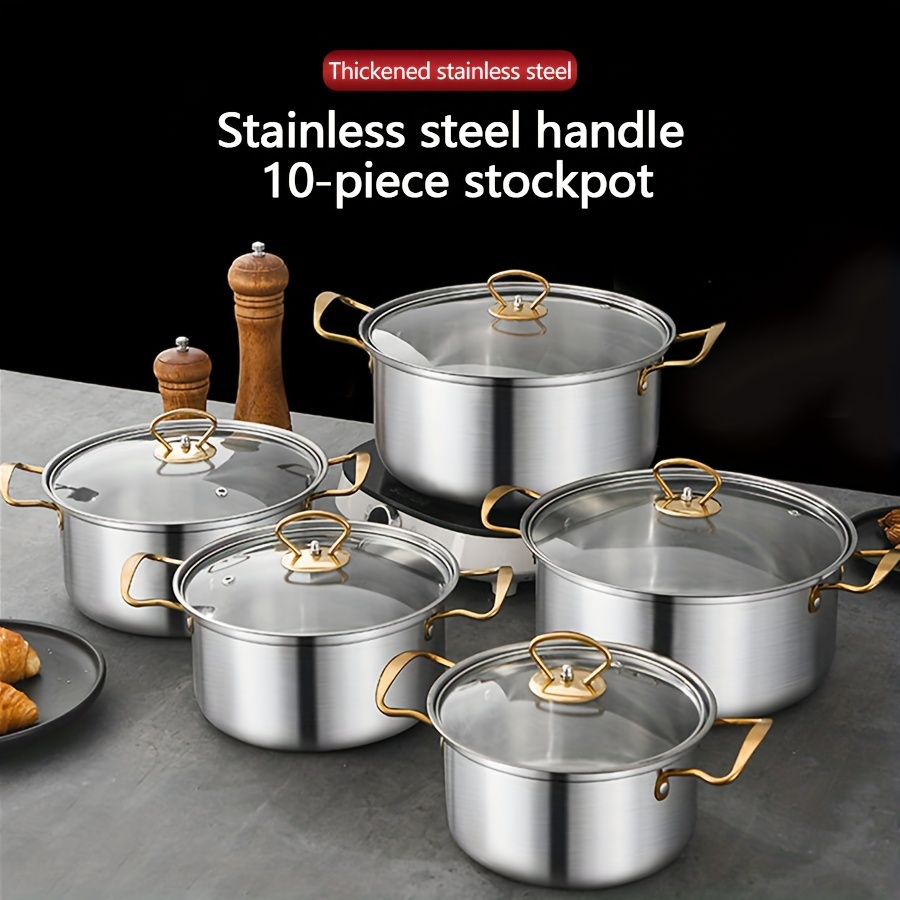 

10pcs Set Of Stainless Steel , Specifications Are 6.29/6.88/7.87/8.66/9.44inch, Stainless Steel Pot, 5 + 5 Pot , Stainless Steel Double Lid, Pot, , Restaurant Pot, Suitable For , , , Pasta,