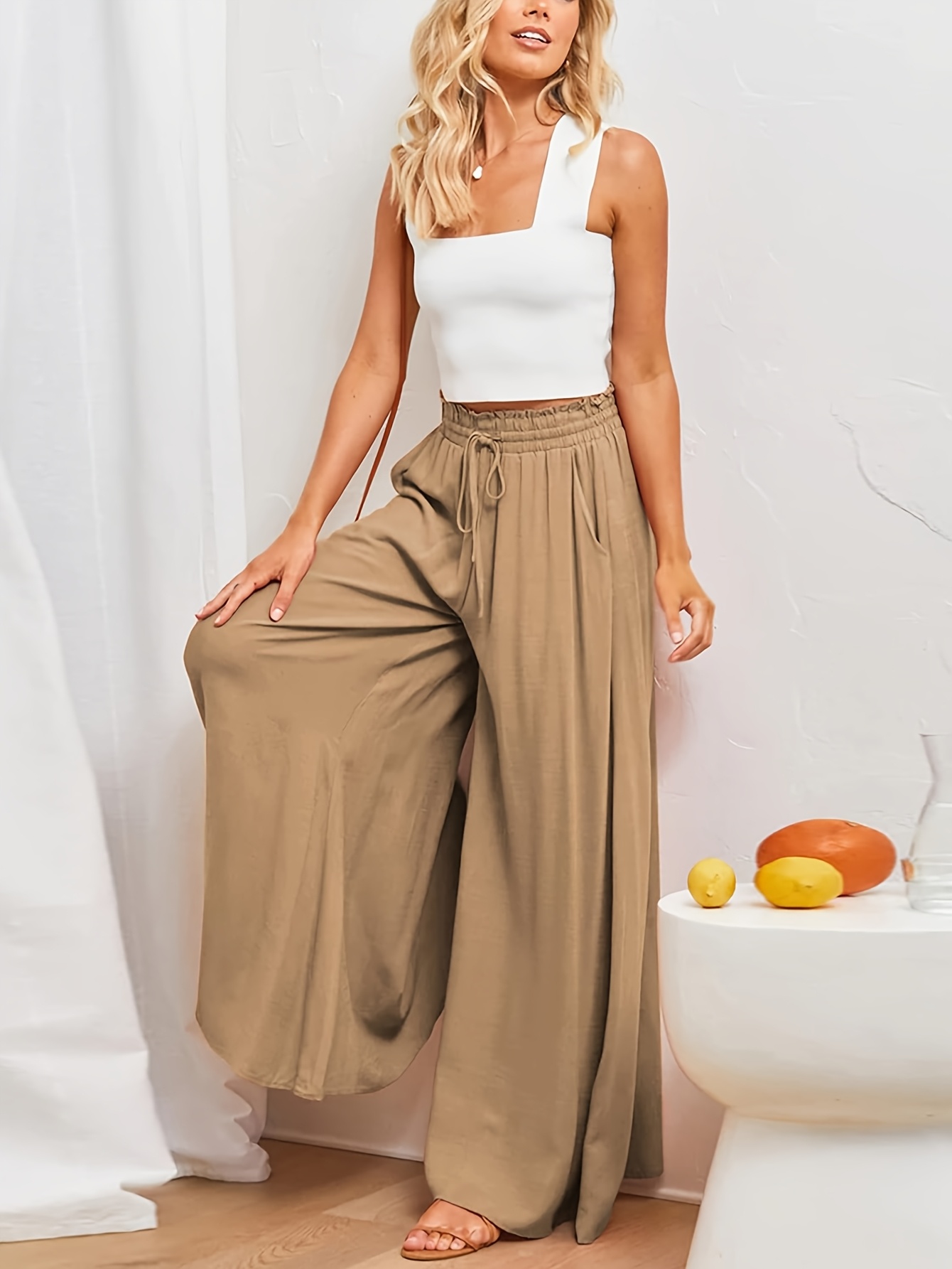 Pantalón Palazzo Outfit Con Pantalon Beige Para Mujer Pantalones