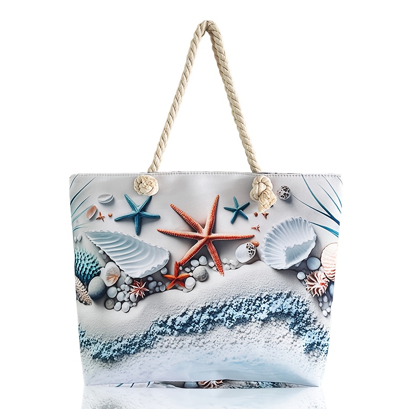 E-shop 3D Ozean-Element Strandtasche mit Seestern- Muscheldruck, Große Jute-Seil-Tragetasche, Schöne Damen-Schultertasche, für den Urlaub