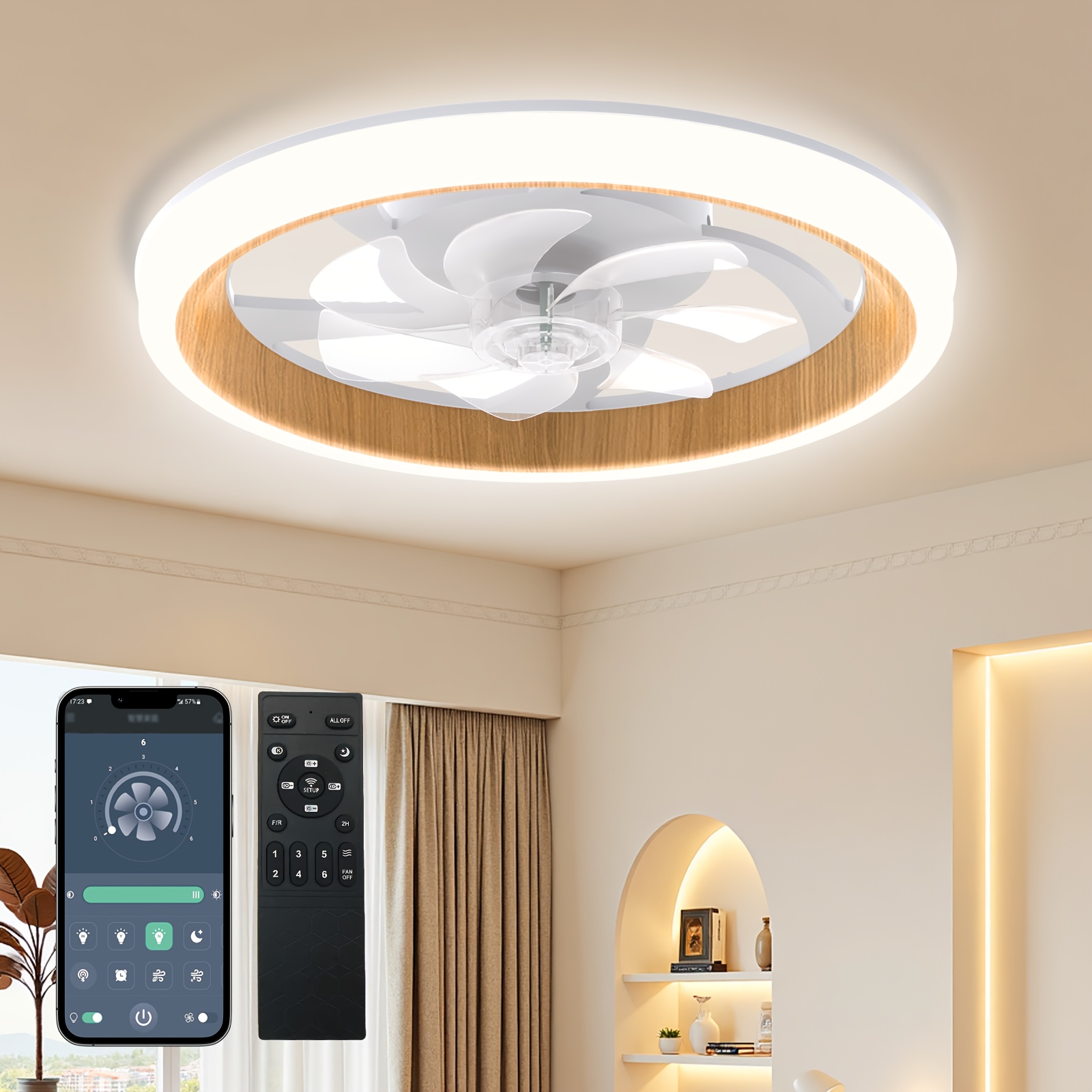 TEMU Led Ceiling Fan, 3 Led Color Temperature Light, 6 Speed Noiseless Ac Motor, Ceiling Fan With Light Remote, Timer Setting, Adjustable Brightness,