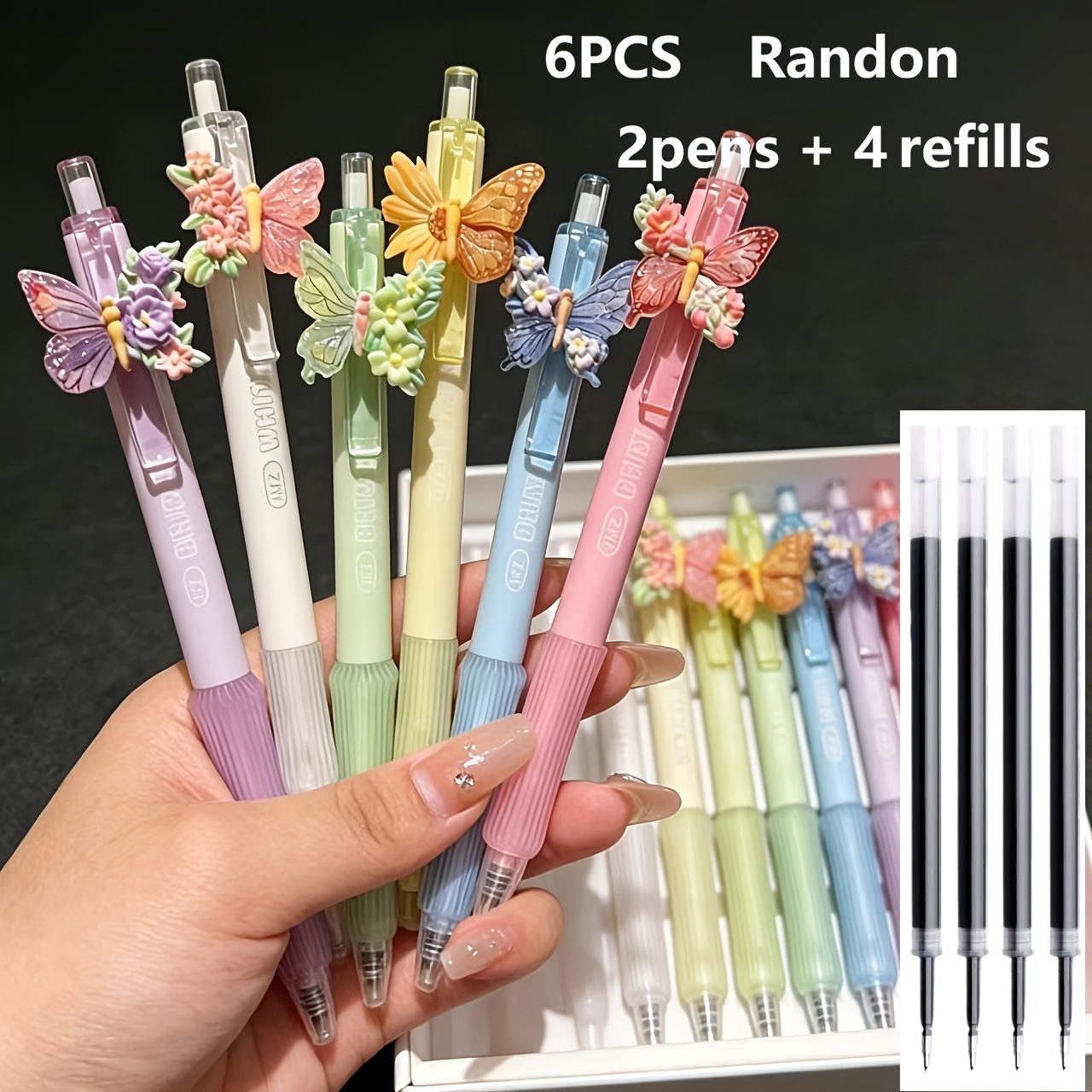 TEMU 6pcs Colorful Floral Scented Weight-reducing Ballpoint Pens, Random Styles (random 2pcs Pens And 4pcs Refills) High-aesthetic Retractable, ,