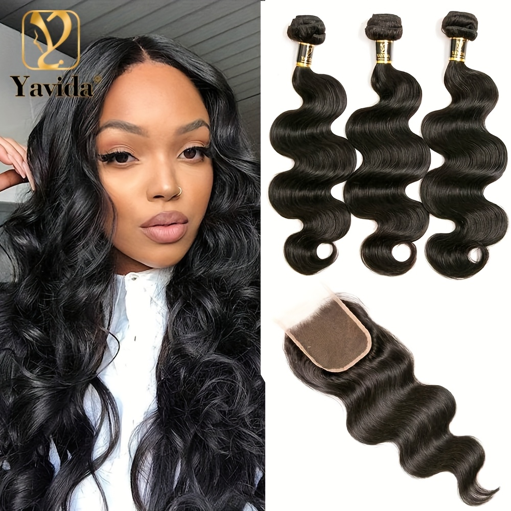 3 1 bonus body wave human hair bundles with hd lace closure brazilian   hair 4x4 free part natural black   body wave   for african american women everyday   styling   elegant   details 0