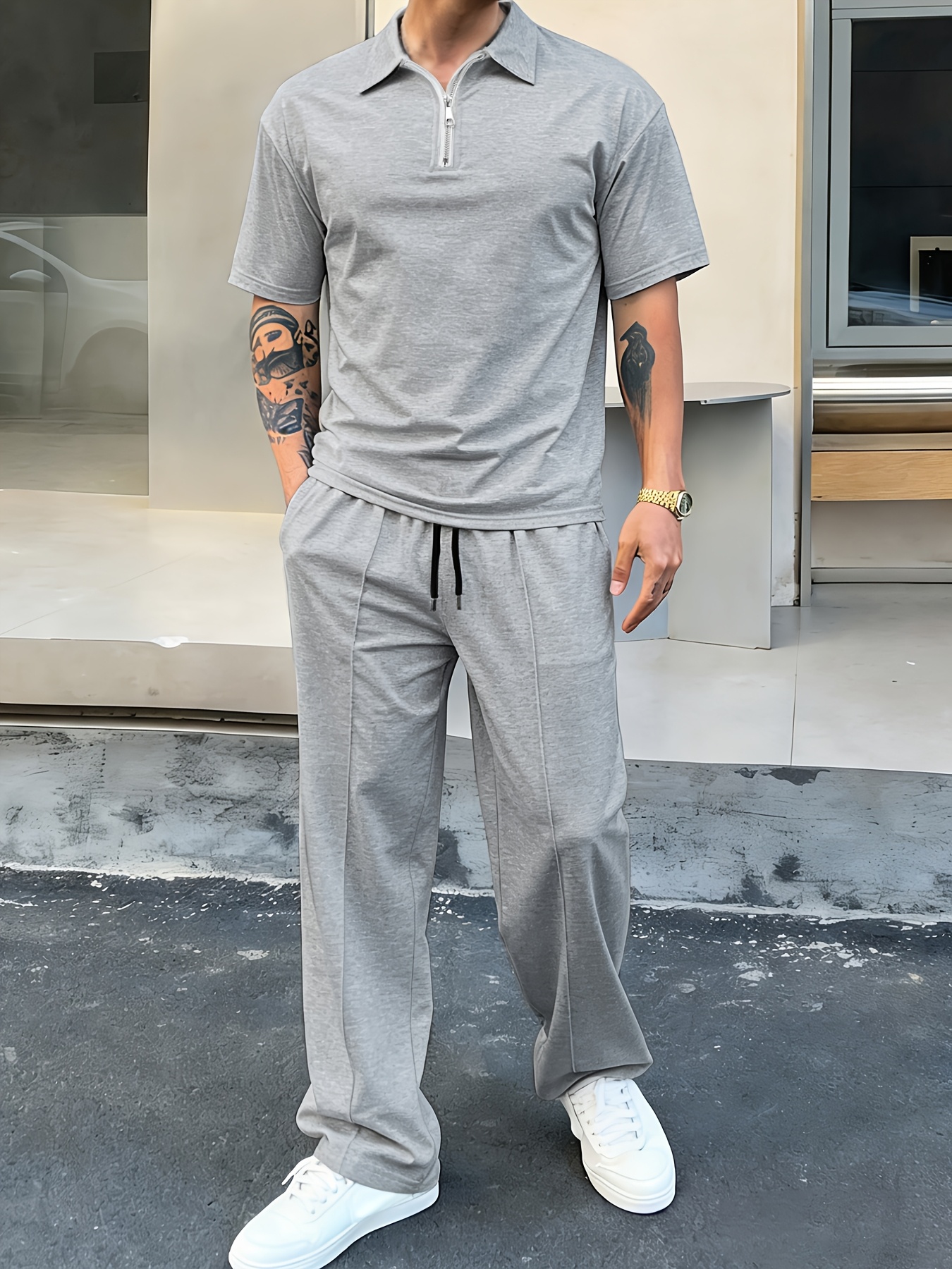 1 vnt. vyriškas 2 dalių marškinėlių su užtrauktuku ir kelnių su raišteliais komplektas, kasdienis sportiškas stilius, lengvas, kvėpuojantis, greitai džiūstantis, vasaros kasdienis drabužių komplektas atostogoms, kelionėms į darbą