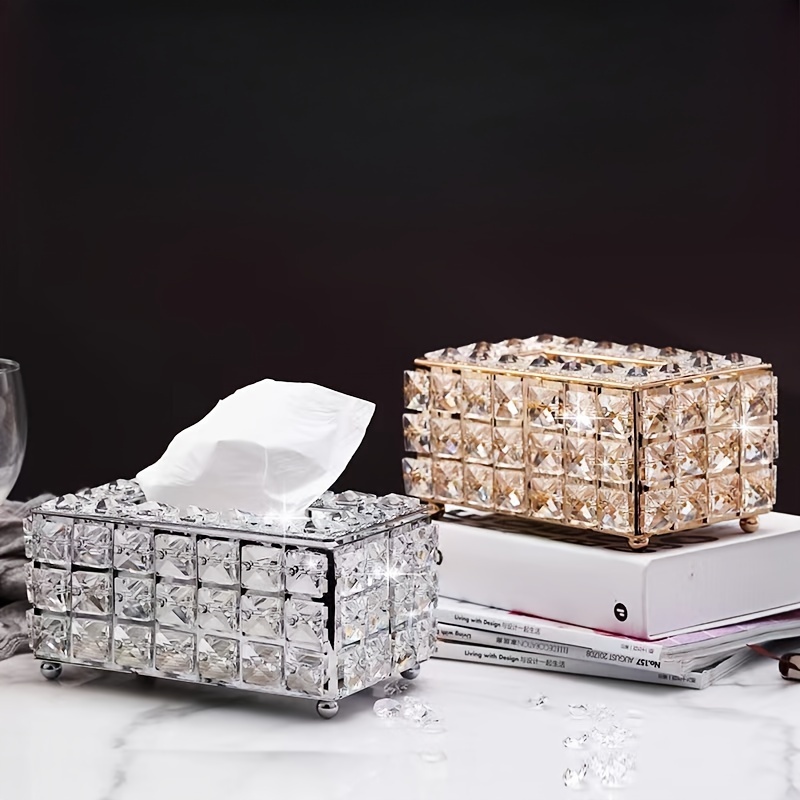 

Elegant Gold & Silver Crystal Tissue Box Holder - Square Wrought Iron Napkin Dispenser For Living Room, Desk Decor - Perfect Mother's Day Gift