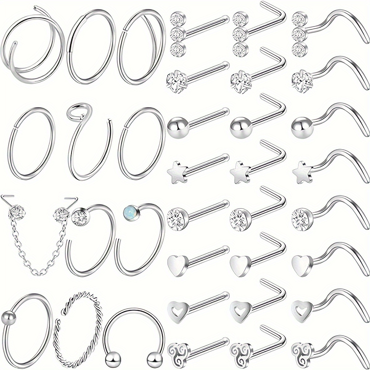 

Elegant 36-piece Stainless Steel Nose Studs Set - Simple L-shape & Screw Nose Rings, Assorted Designs With Synthetic Cubic Zirconia - Versatile No Plating Jewelry For Daily & Party Occasions