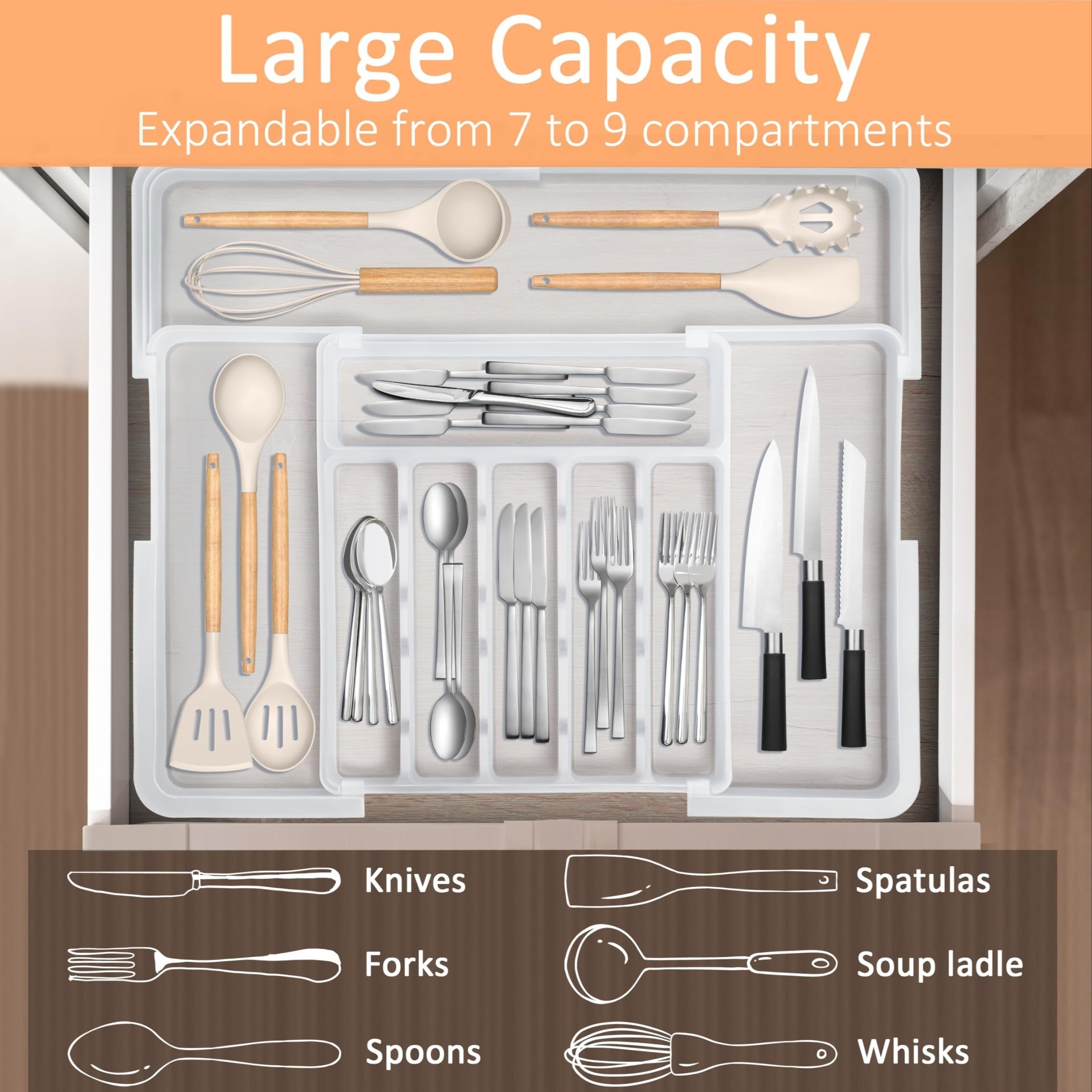 

Adjustable Plastic Flatware Drawer Organizer - Utensil Holder With 9 Compartments, Insert Mount Kitchen Organization, Large Capacity Cutlery Tray With Adjustable Size For Drawer Storage