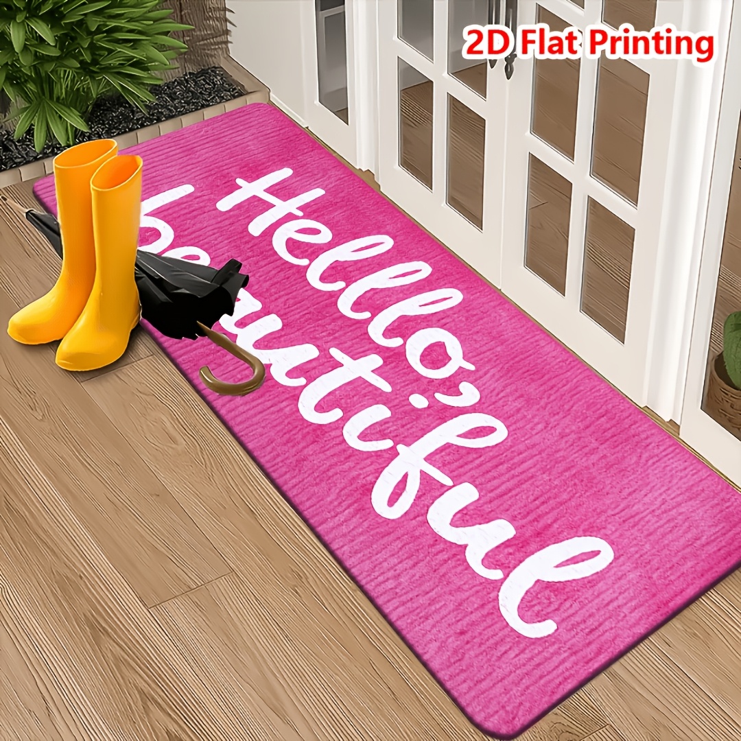 TEMU 1pc Hd 2d Flat Printed Floor Mat, Fun Door Mat With Pink Background And White Hand-written "" Pattern, Suitable For Bedroom, Kitchen, Dining